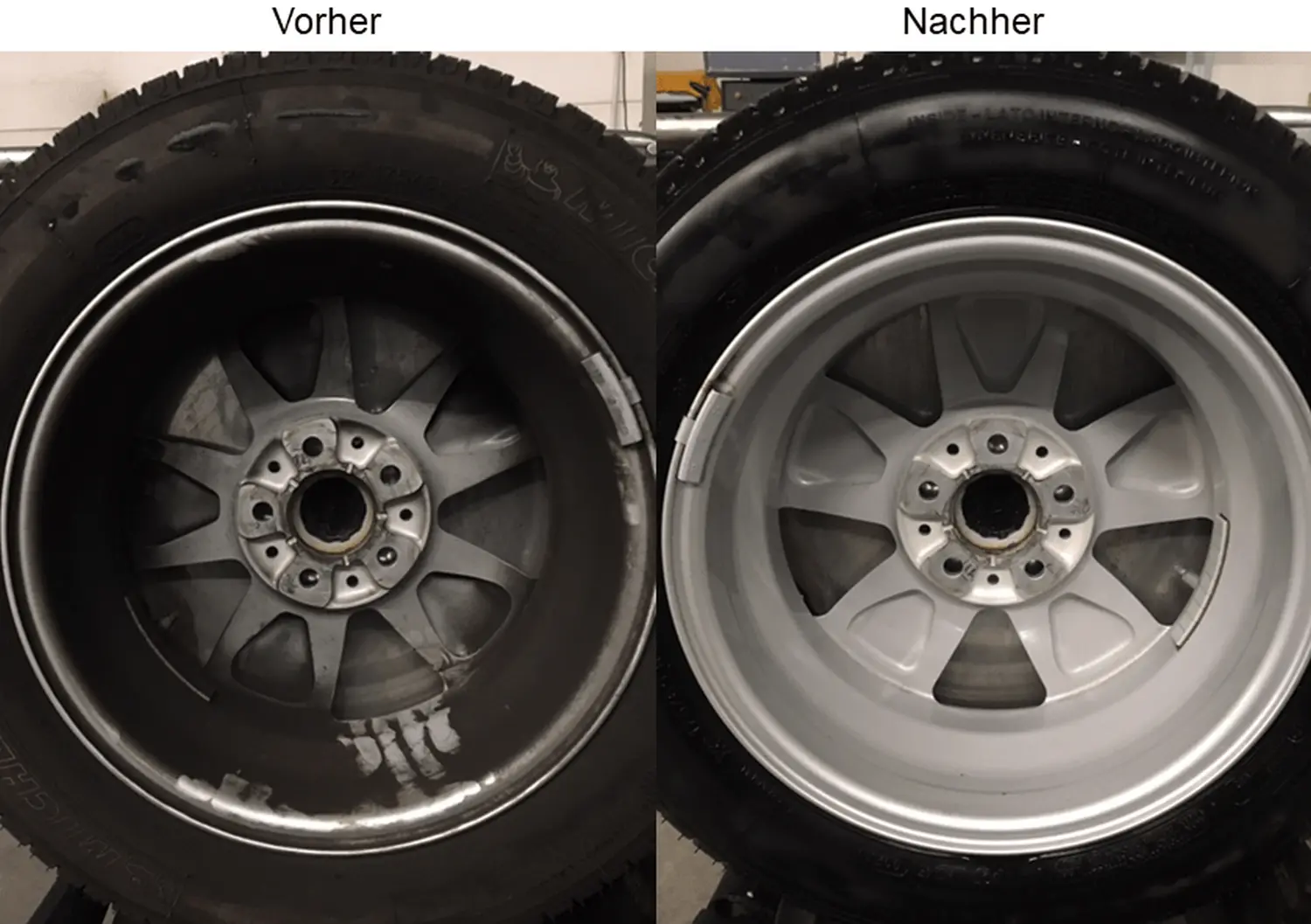 Vorher-Nachher-Vergleich einer dunklen Felge nach der Reinigung